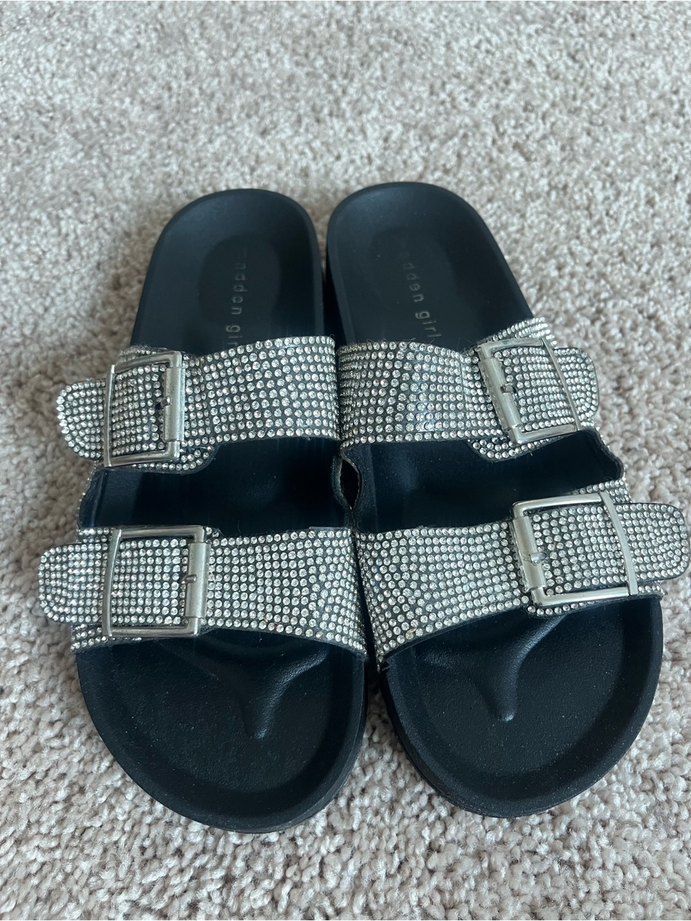 Madden girl Rhinestone Double Buckle Slide Sandals - Black & Silver